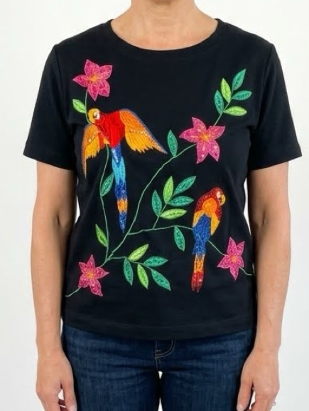 Victoria Harbour Embellished Black Short Sleeve Tee with Colorful Parrots Size S